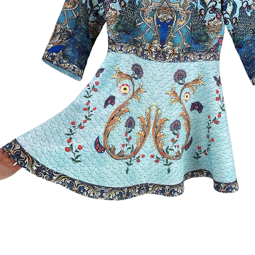 Comino Couture London Peacock Skater Dress Blue Baroque Print Party Event XS / S - Picture 8 of 10